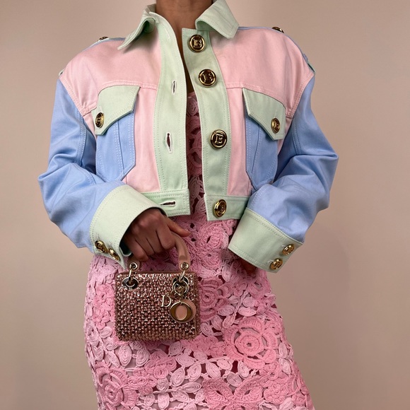 Balmain Multicolor Pastel Crop Blue Pink Seafoam Green Button Jacket Denim - Picture 6 of 11